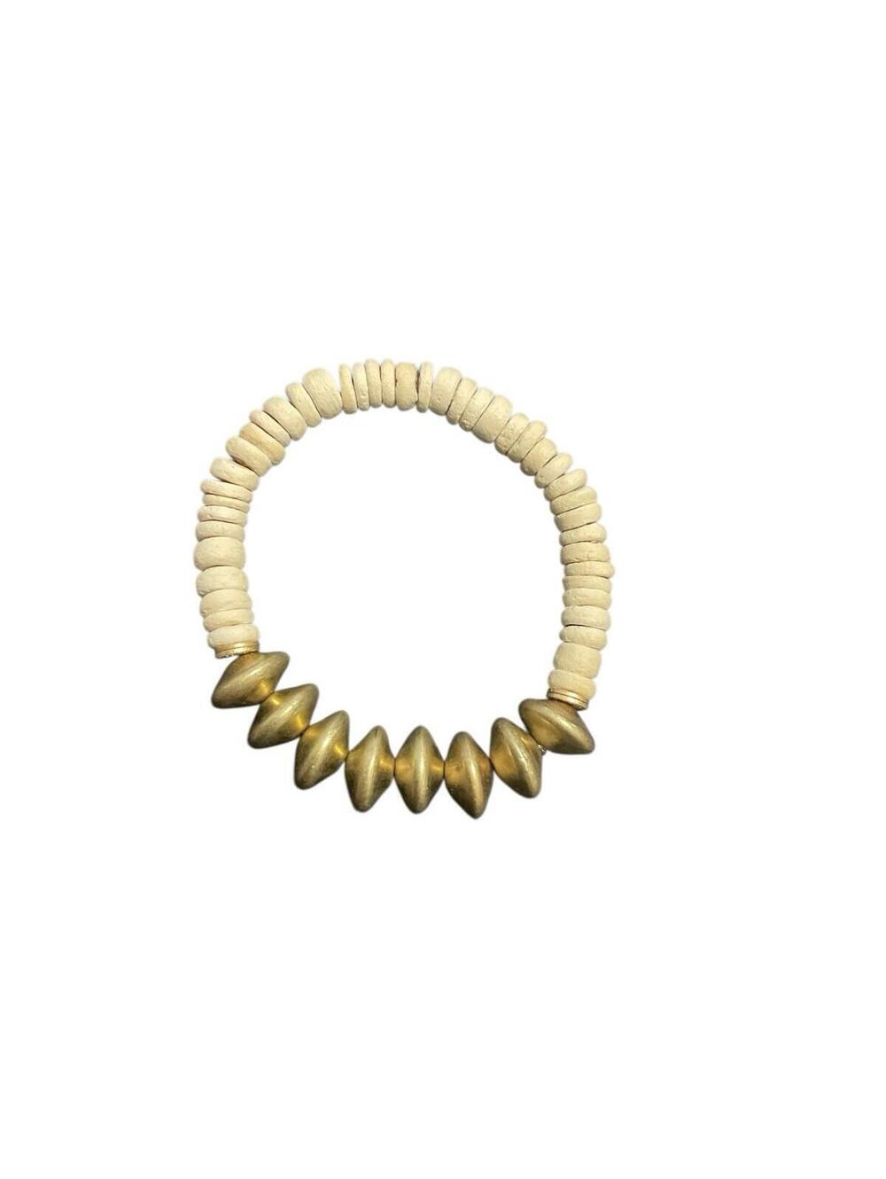 Boho Wood Bead Stretch Bracelet Neutral Tan Gold Accent Stackable Minimalist